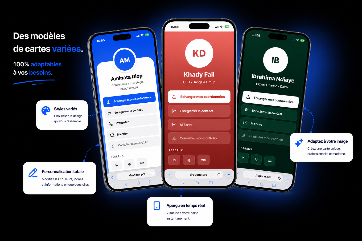 Des modèles de cartes Drop One variées, 100% adaptables à vos besoins